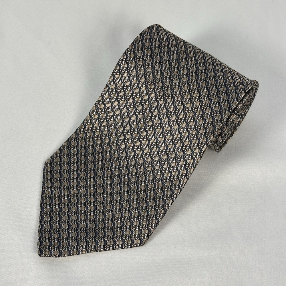 Jeffrey Banks Silk Tie Taupe Navy Micro Geometric Jacquard Made In Canada 3.75"W